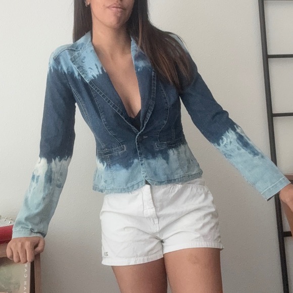 Bleach Tie Dye Denim Blazer Jacket, Fitted Blue Jean Career Casual - Picture 1 of 9